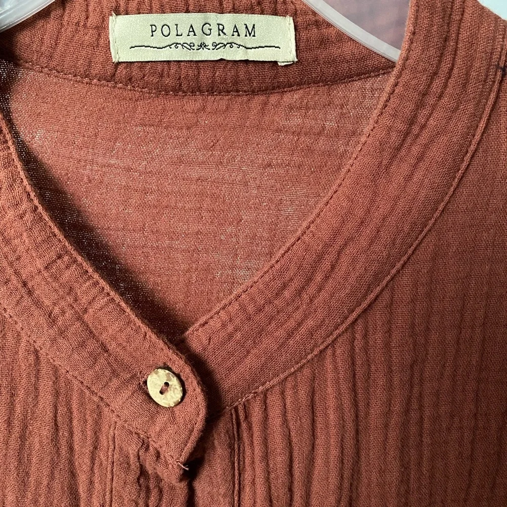 Polagram gauze cotton boho button down long sleeve tunic, sienna brown - Picture 8 of 9